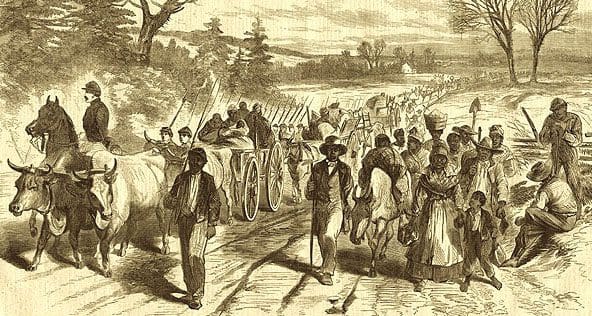 "The effects of the proclamation -- freed Negroes coming into our lines at Newberne, North Carolina."  Harper's Weekly, February 21, 1863, p. 116.

305 dpi, H = 2077, W = 3050 pixels.