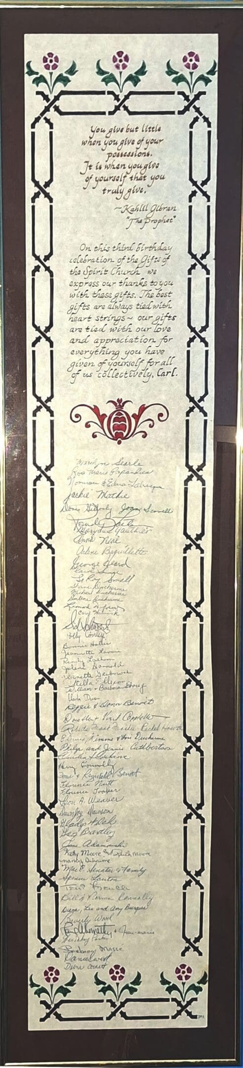 Attendees at GOTSC’s 2nd Anniversary Dinner Dance signed this scroll to give to Carl as a memento.
