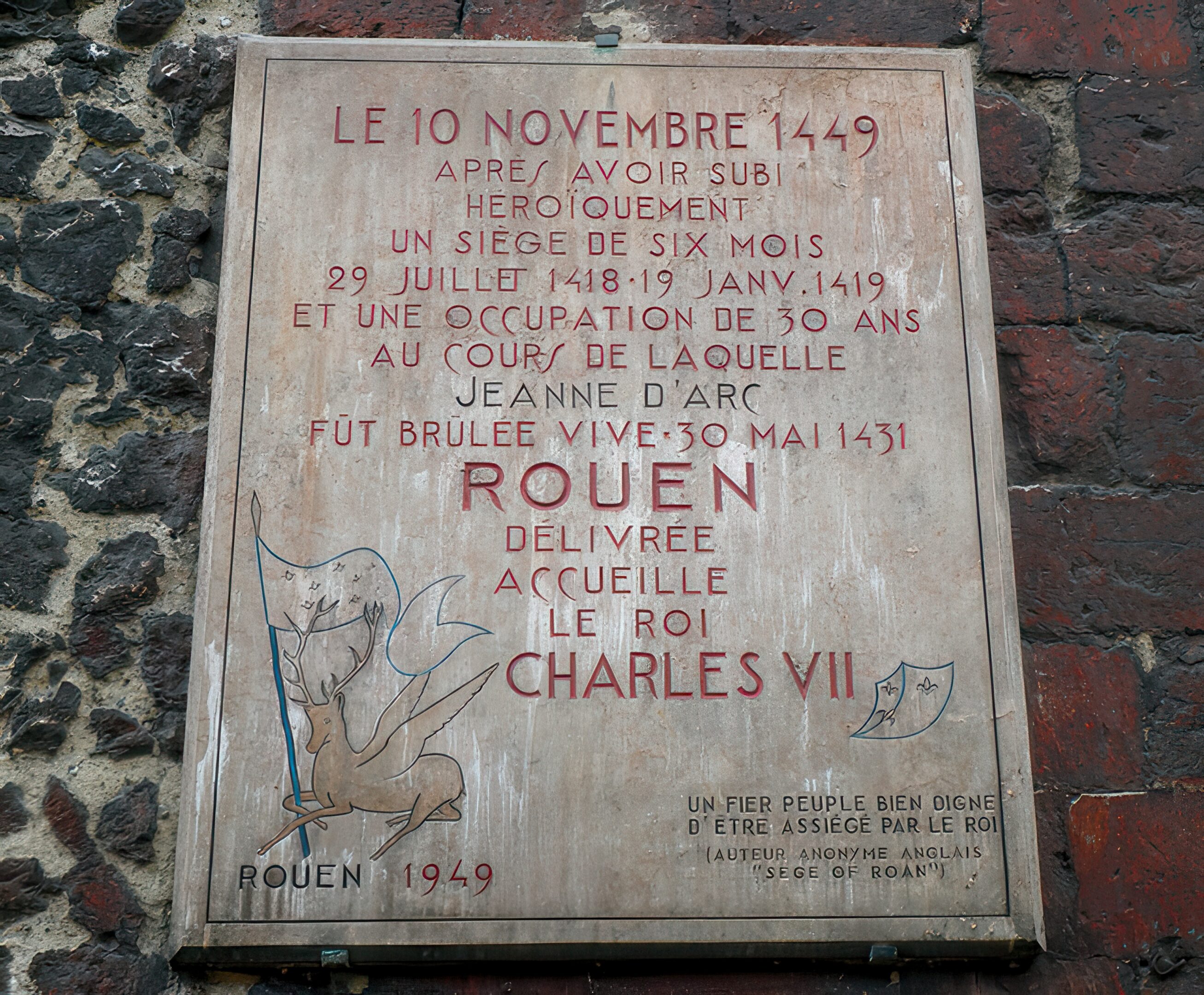 Sign in front of Rouen Tower, where Joan was held prisoner.