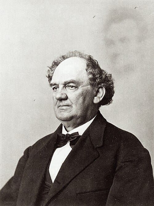 P.T. Barnum hired Abraham Bogardus to fabricate this photo of Barnum and the 'ghost' of Abraham Lincoln. This picture was then tendered in evidence at Mumler's trial for fraud to show how easy it was to forge spirit photographs.