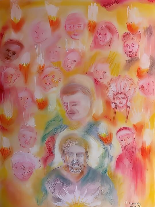 During our meditation portion of our Gathering, I had a vision of an army of Spirits led by Carl Hewitt holding their torches of knowledge high in the air. Ria also saw this vision and sent me this drawing a few days after the Gathering.