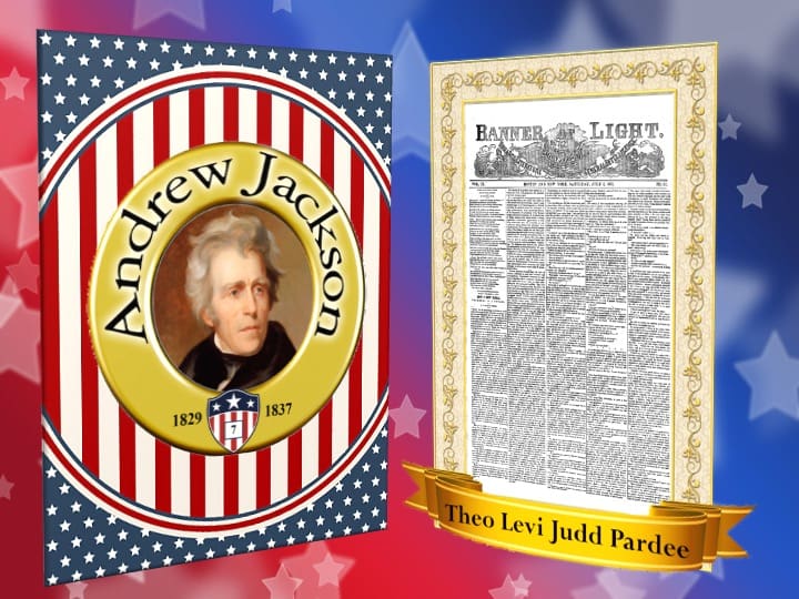 Andrew Jackson portrait and historical newspaper illustration.
