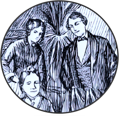 Vintage sketch of three elegantly dressed individuals.