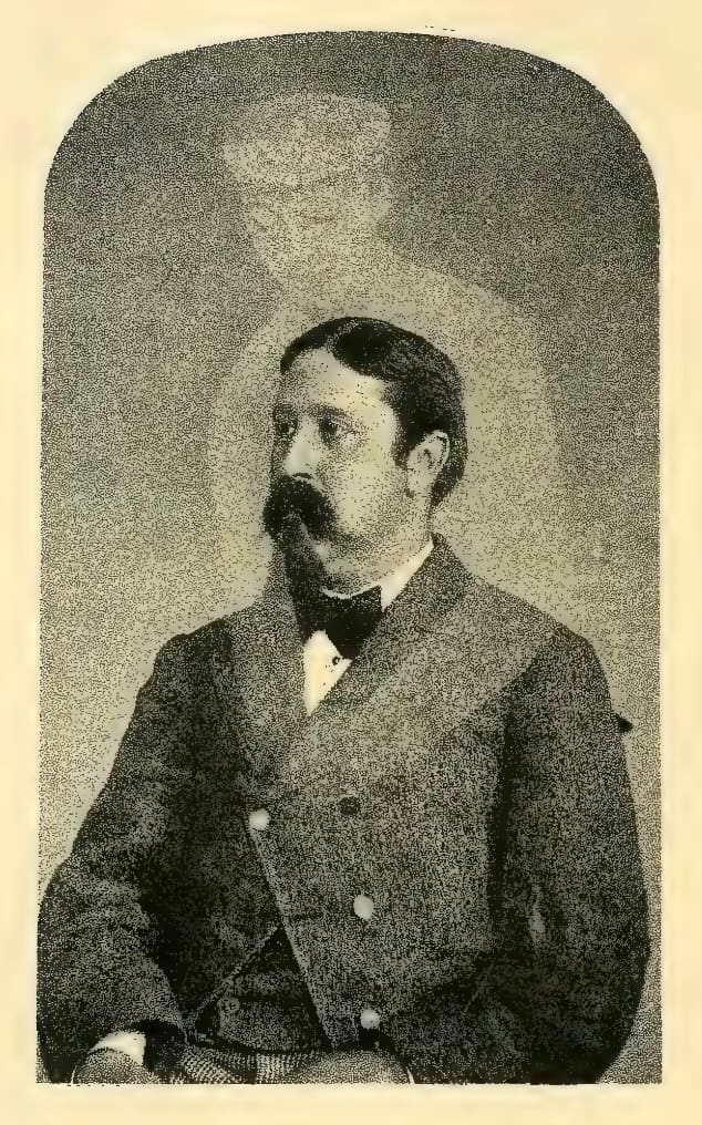 Man with mustache and ghostly figure behind.