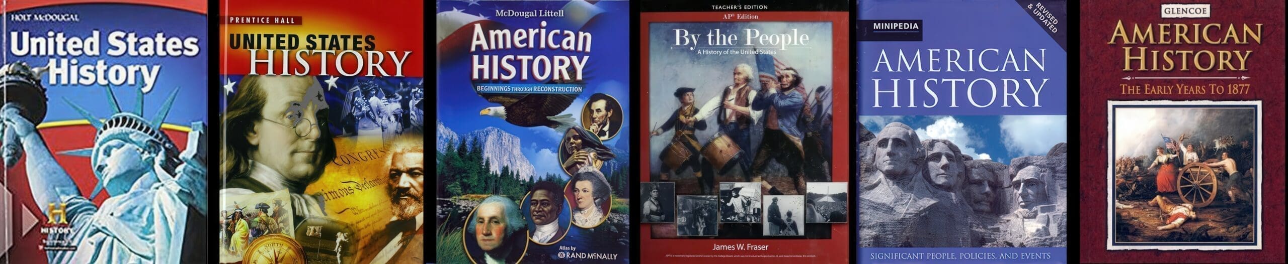 American history textbooks in a row.