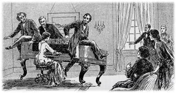 People sitting on a piano during performance.