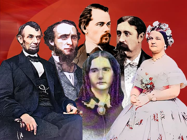 Historical figures in 19th-century attire, red background.