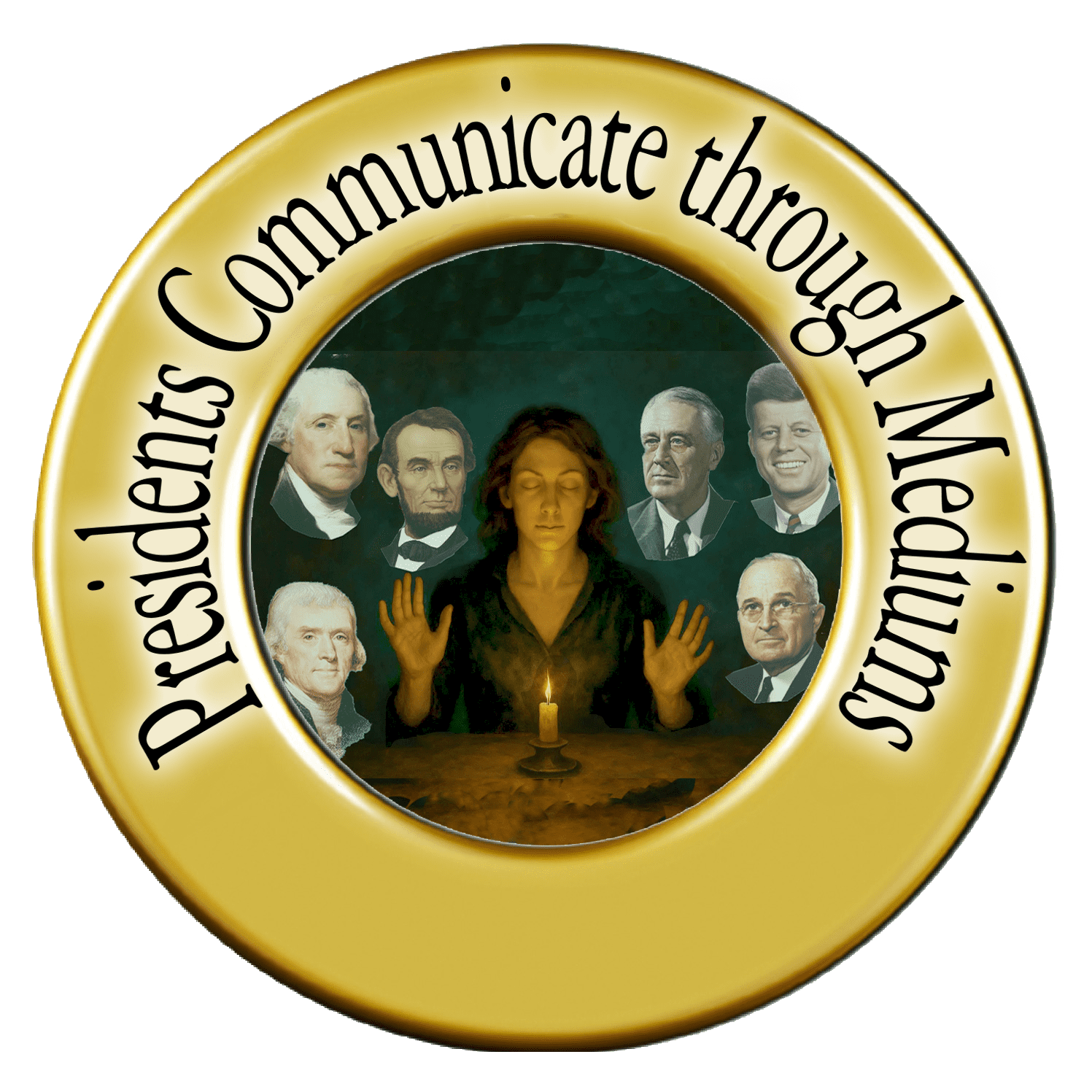 Medium surrounded by historical figures' portraits.