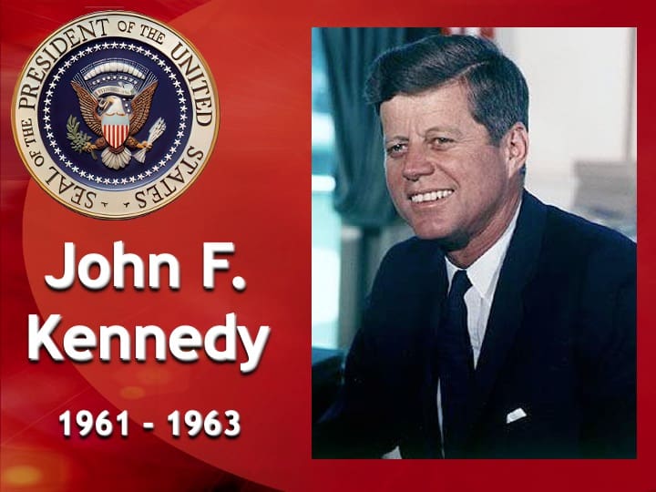 John F. Kennedy portrait with presidential seal.