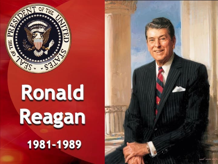 Portrait of Ronald Reagan with presidential seal.