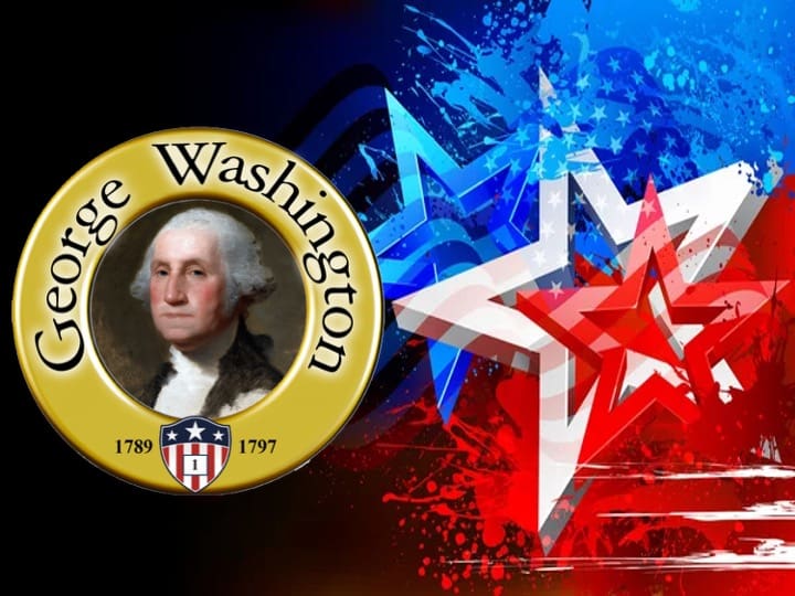 George Washington portrait with patriotic star background.