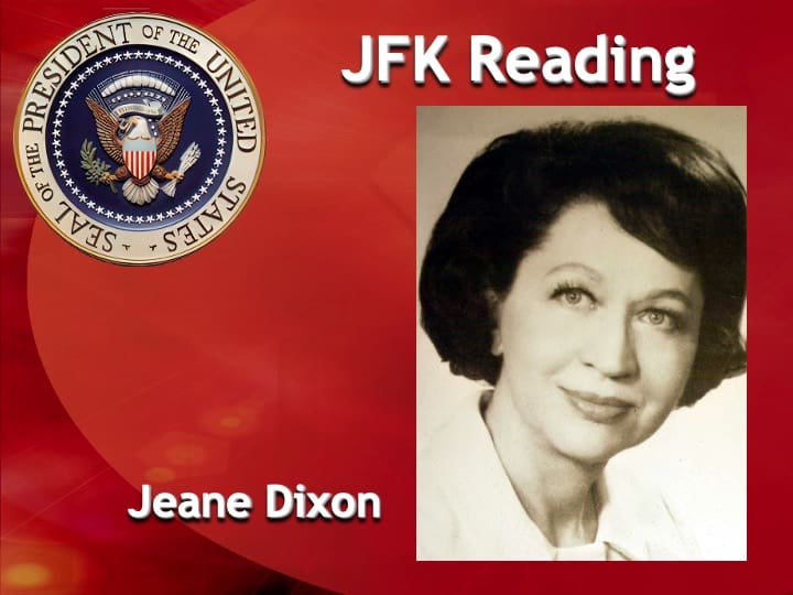 Portrait of Jeane Dixon with presidential seal.