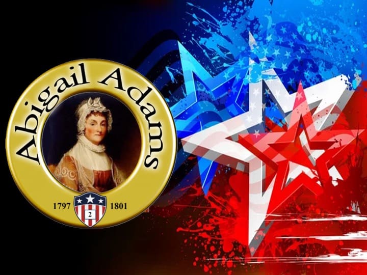 Abigail Adams portrait with patriotic stars background.
