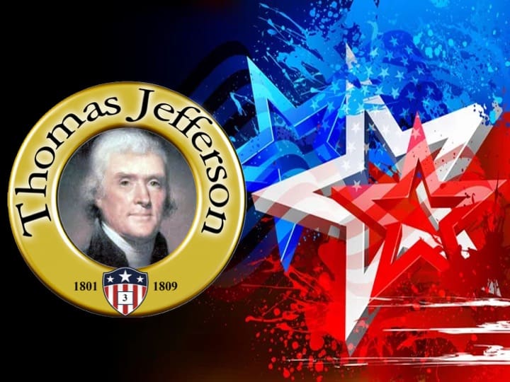Thomas Jefferson portrait with patriotic stars background.
