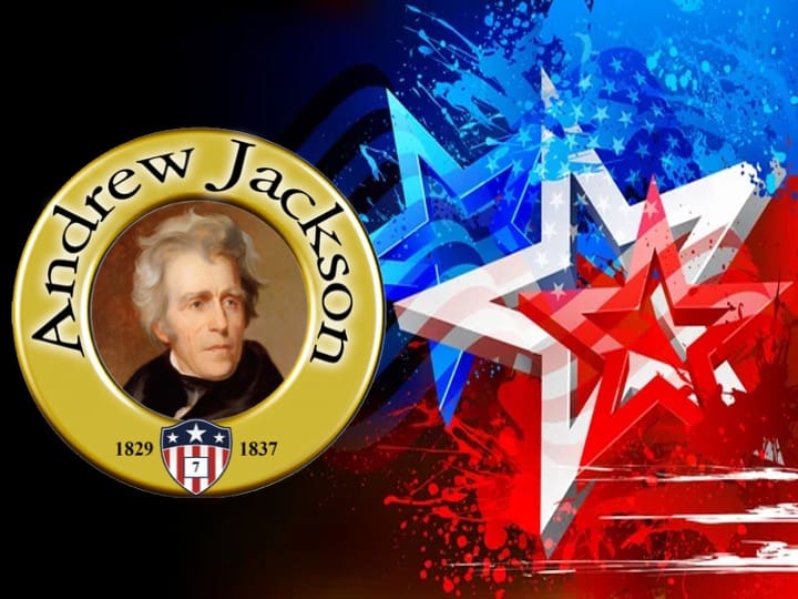 Andrew Jackson portrait with patriotic star background.
