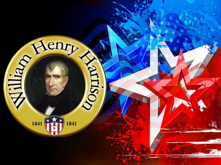 William Henry Harrison portrait with patriotic stars.