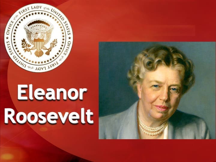 Eleanor Roosevelt portrait with seal and text.