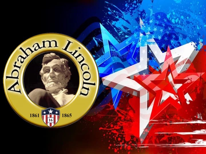 Abraham Lincoln statue with patriotic stars background.