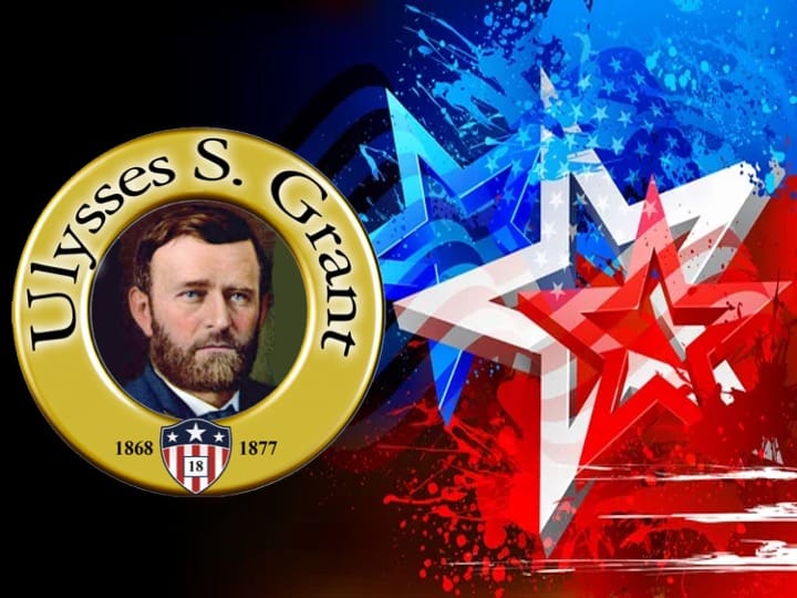 Ulysses S. Grant portrait with patriotic stars.