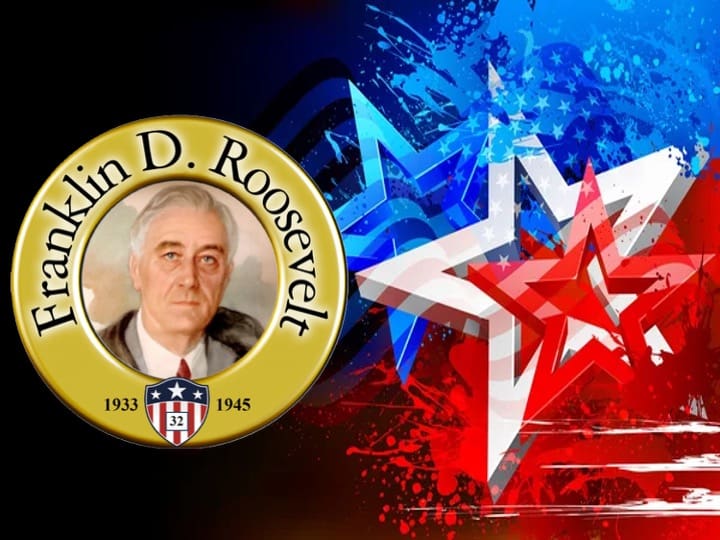 Franklin D. Roosevelt portrait with patriotic stars.