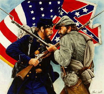 Civil War soldiers with crossed rifles, flags.