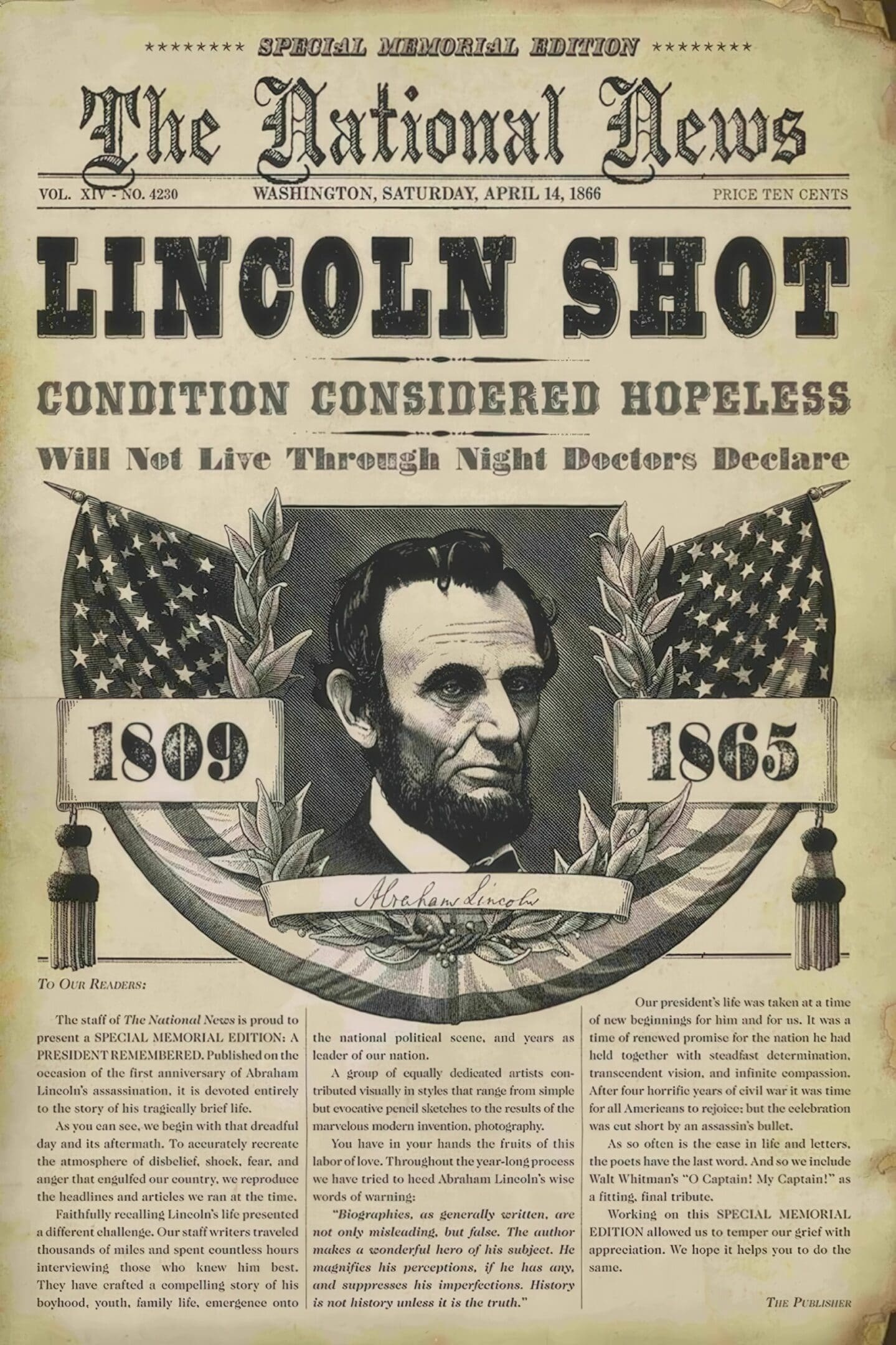 Historic newspaper announcing Lincoln's assassination, 1865.