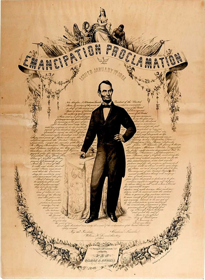 Emancipation Proclamation poster with standing figure.