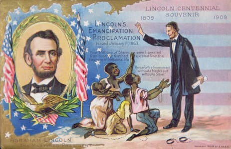 Abraham Lincoln with Emancipation Proclamation illustration.