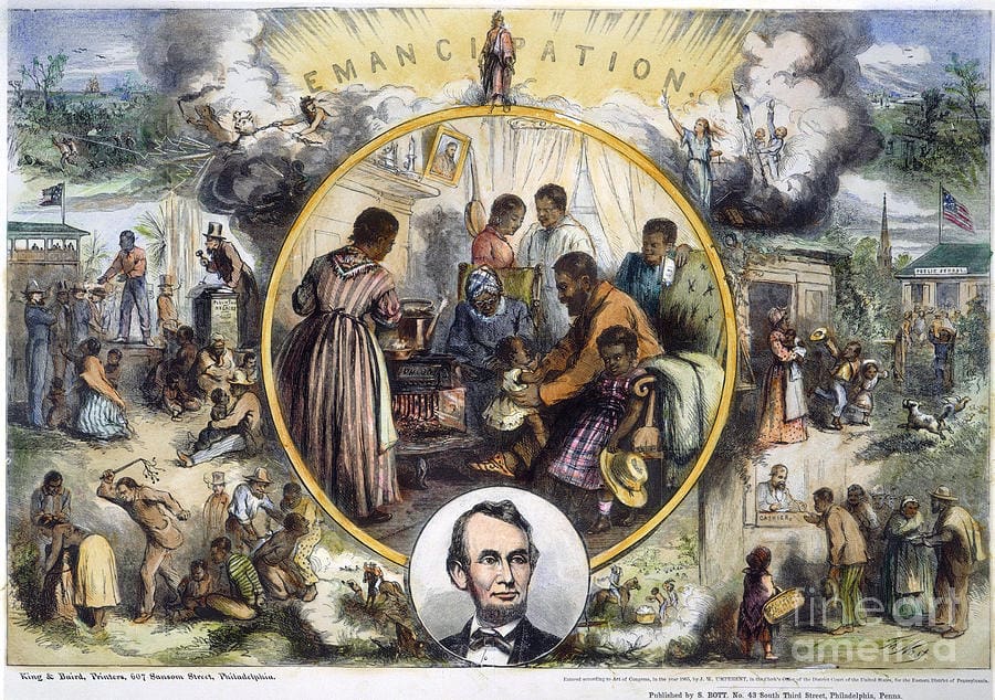 Emancipation illustration with Abraham Lincoln portrait.