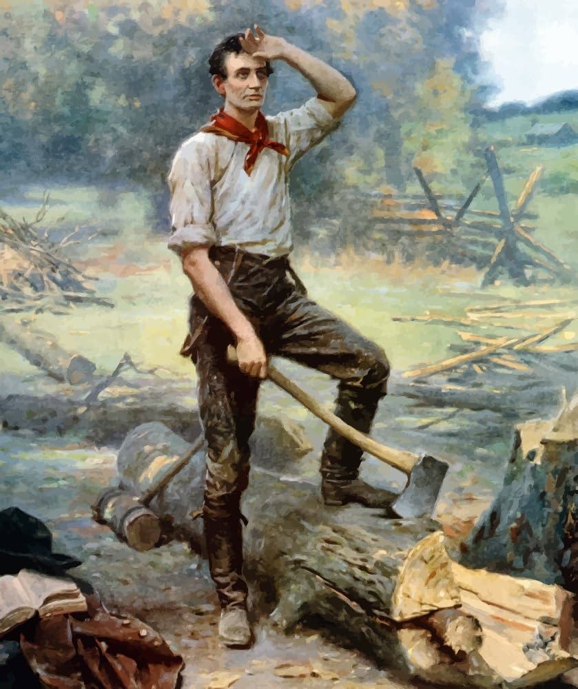 Man with axe standing by chopped logs.