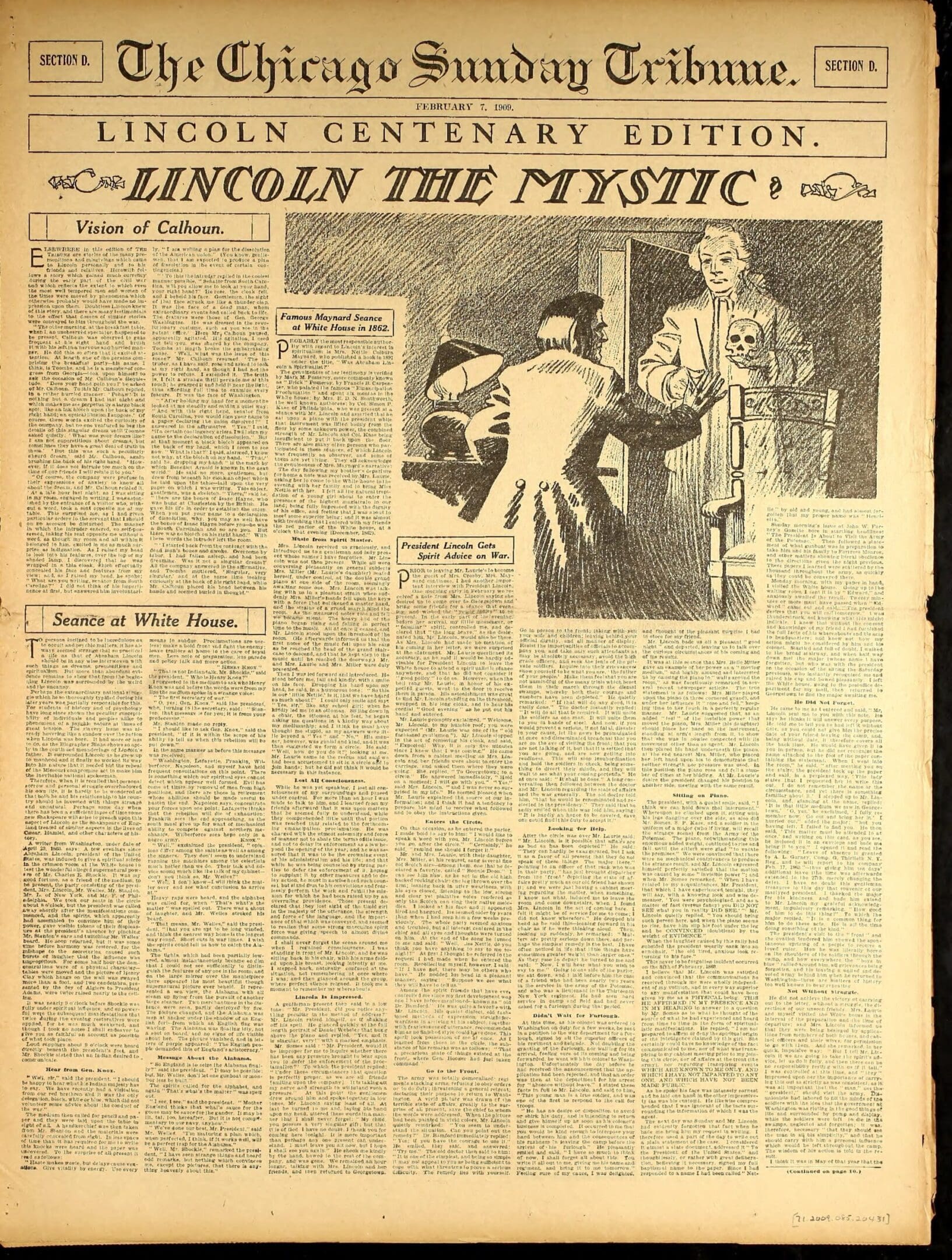 Newspaper page titled "Lincoln the Mystic".