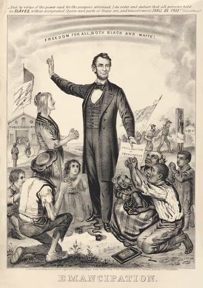 Abraham Lincoln signs Emancipation Proclamation, 1863 illustration.