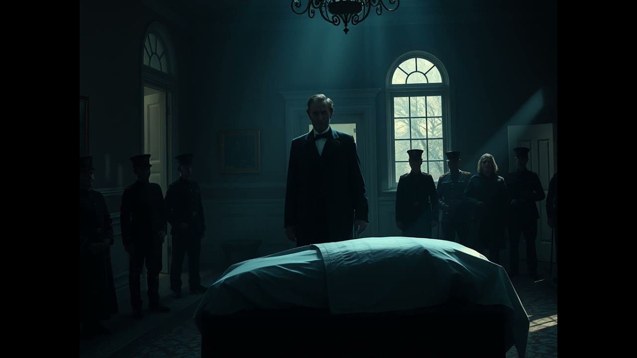 Man standing solemnly in dimly lit room.