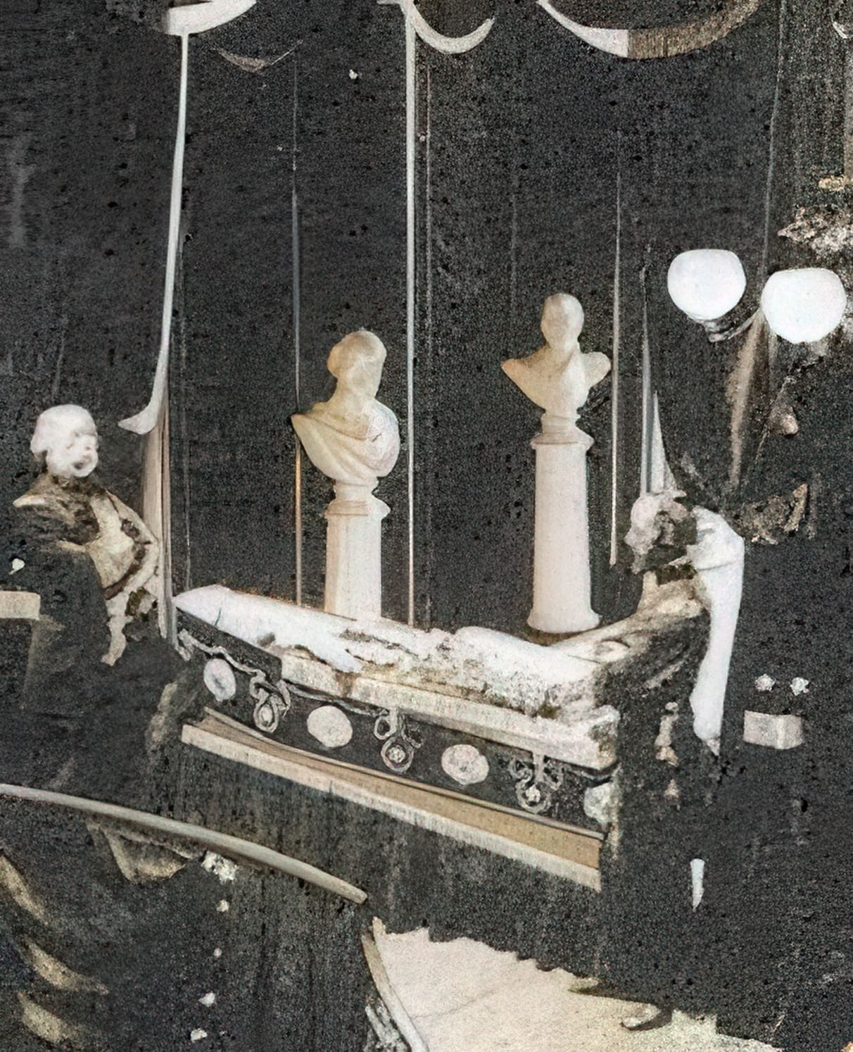 Victorian funeral with ornate casket and busts.