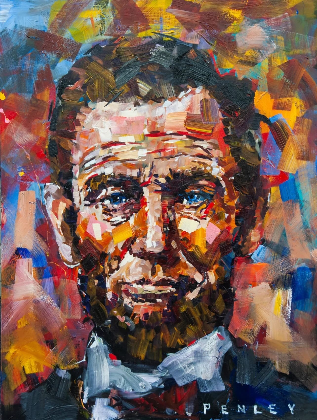 Colorful abstract painting of a man's portrait.