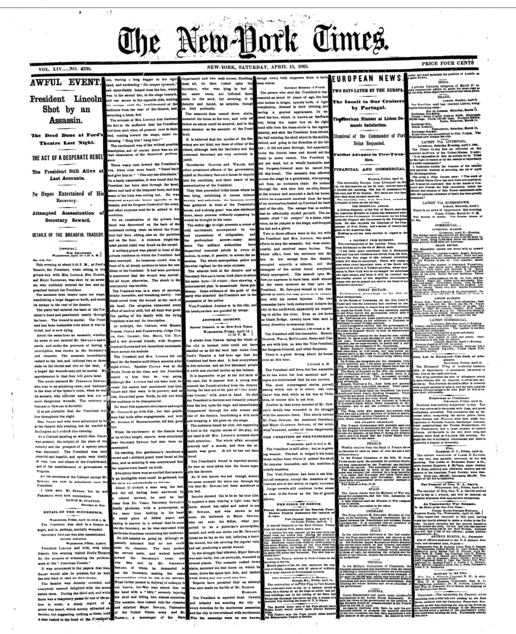 Newspaper announcing Lincoln's assassination, 1865.