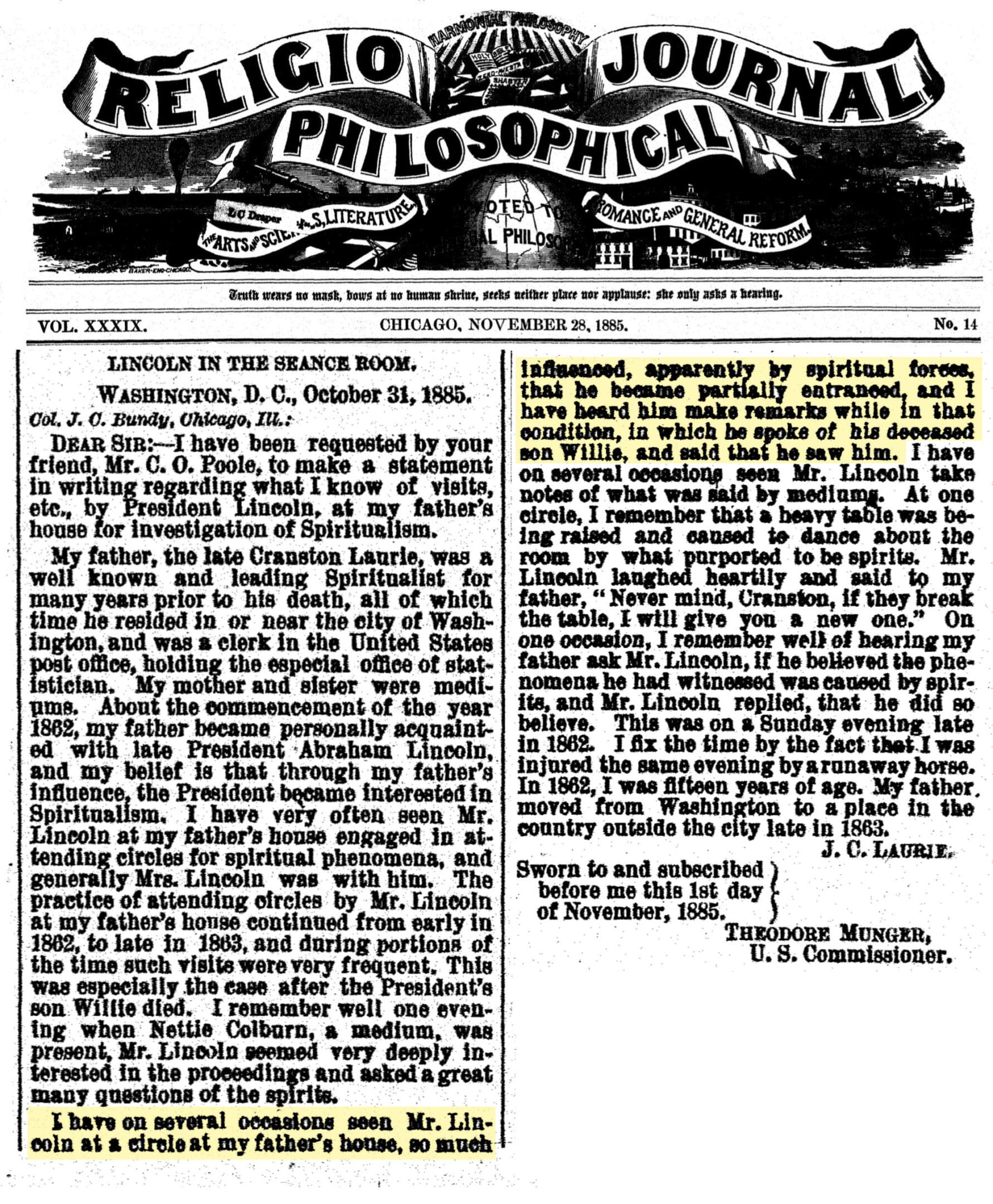 Religio-Philosophical Journal article about Abraham Lincoln.