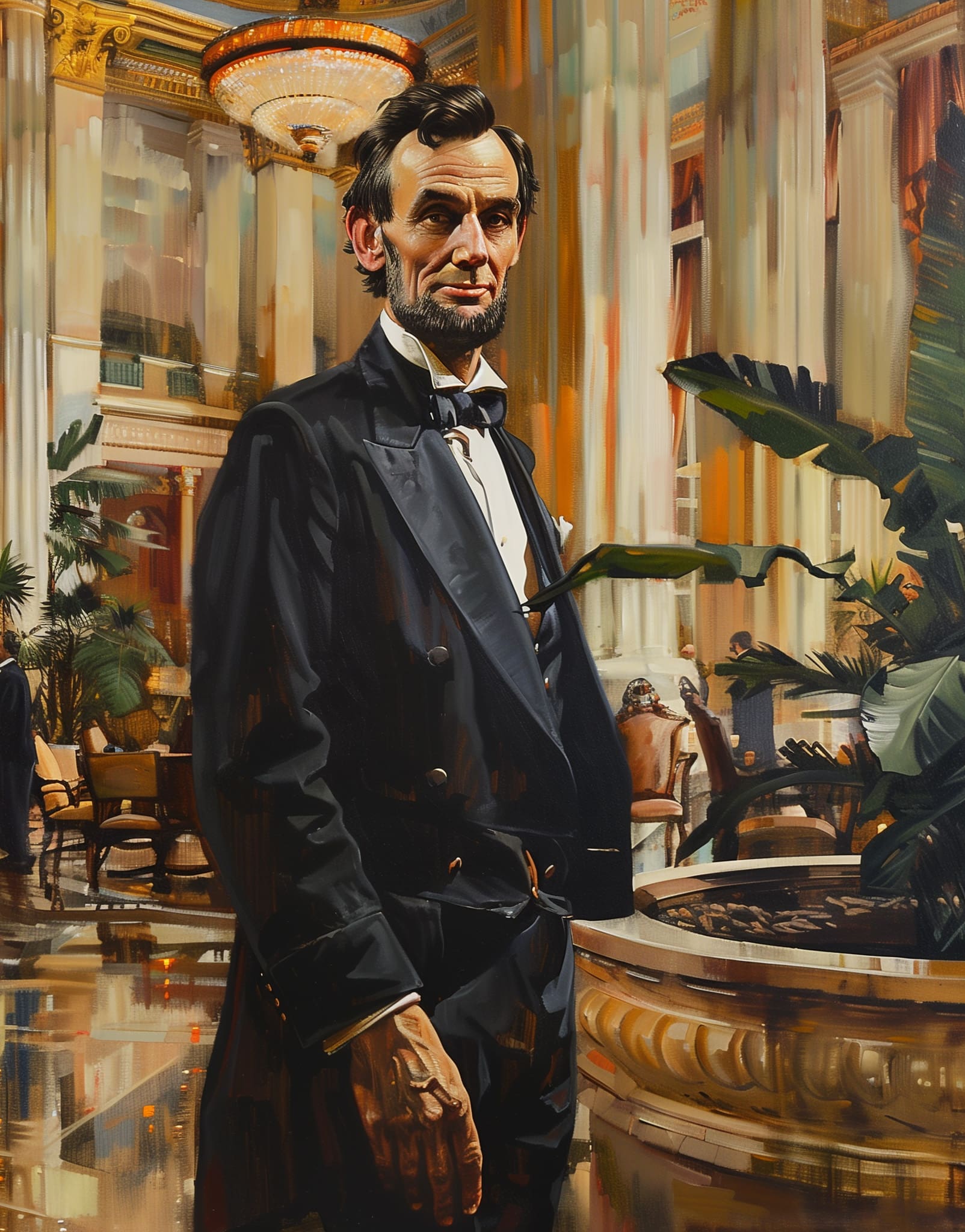 Man in formal attire in opulent setting.