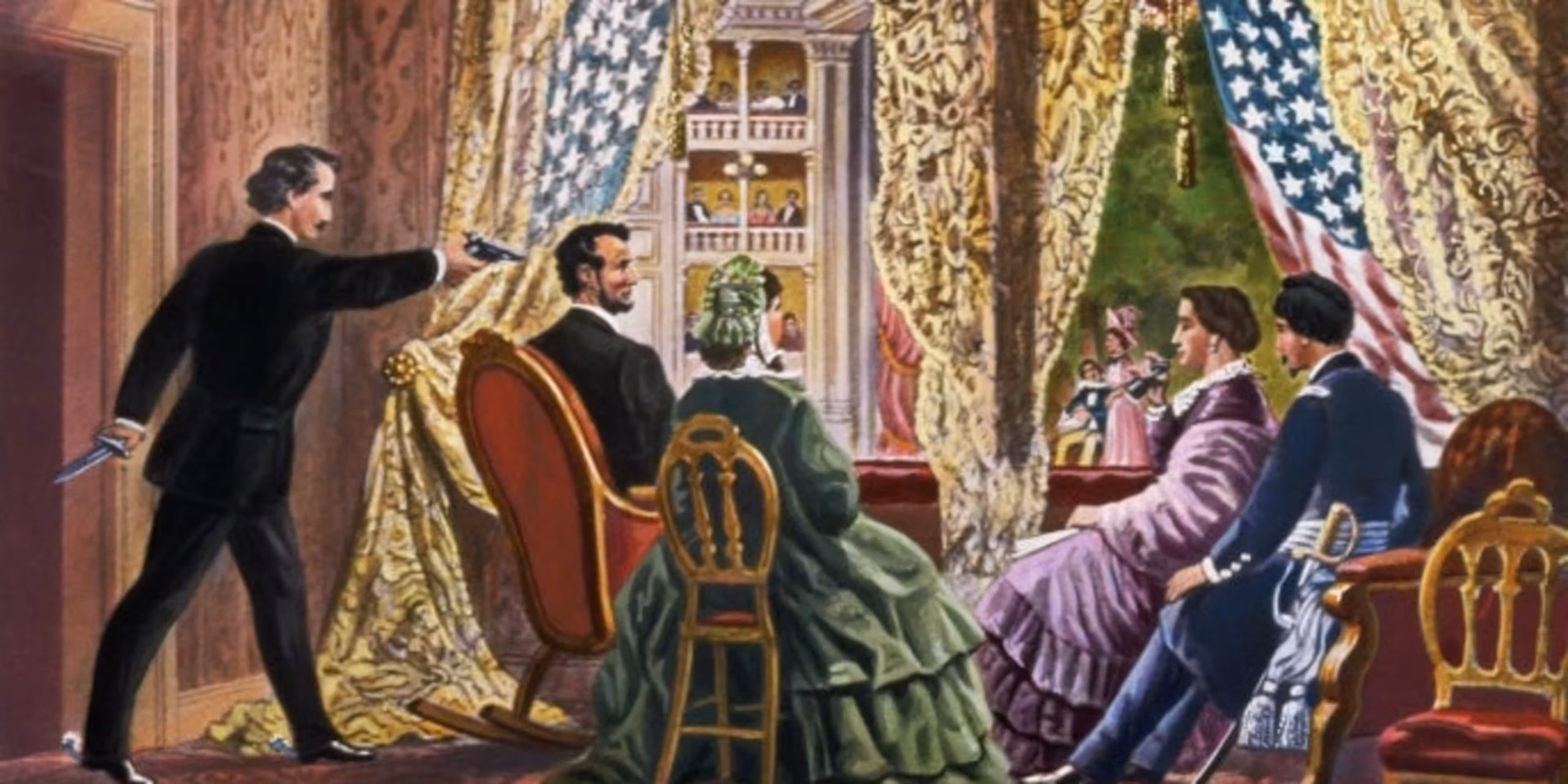 Historic theater assassination depicted in vibrant illustration.